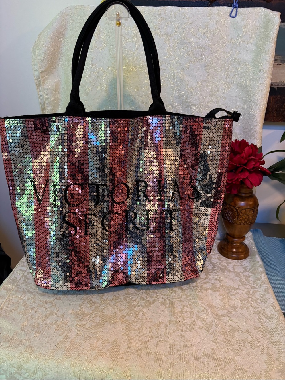 Victoria's Secret Iridescent Sequin Tote with Black Handles
